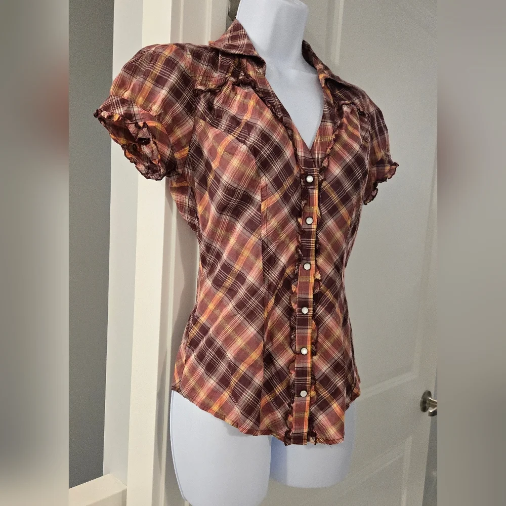 Guess Plaid V-Neck Button-down Shirt With Ruffles size XS. - Picture 2 of 12